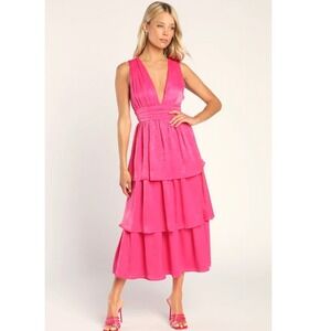 Lulus Hot Pink Satin Tiered Tie-Back Midi Dress‎ Size Small New NWT